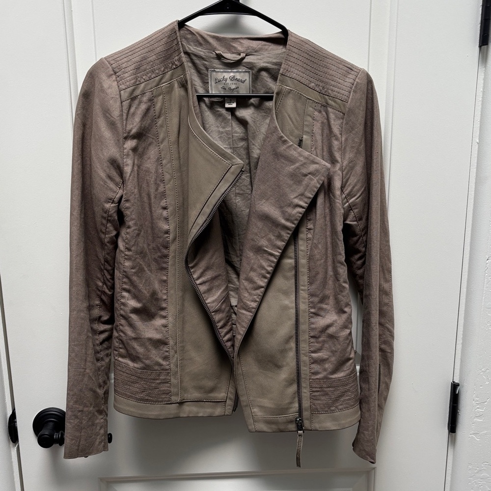 Lucky Brand Taupe Faux Leather Open-Front Moto Jacket